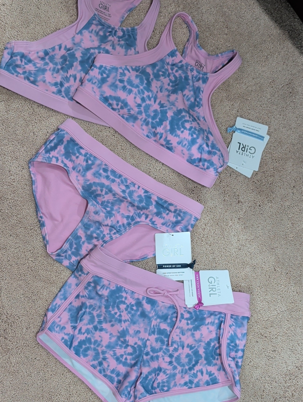 Athleta Pink & Blue Tie-Dye Girls' Sports Bra, Briefs & Shorts Set